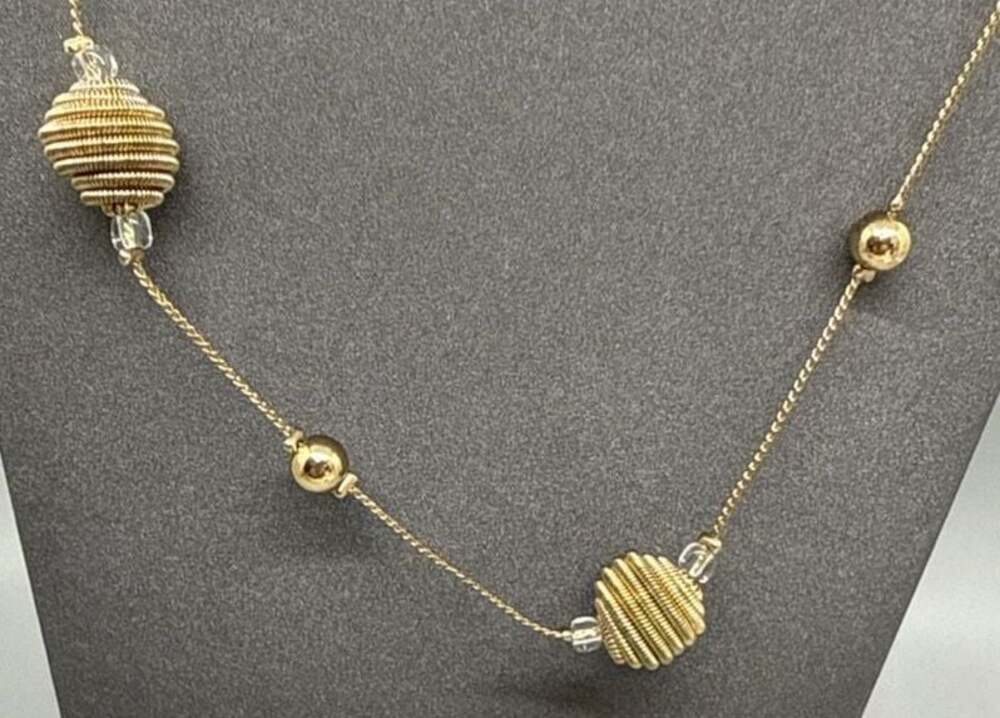 Gold Tone Long Station Necklace Coiled Spring Beehive and Rhinestone Beads Vtg - Picture 8 of 13